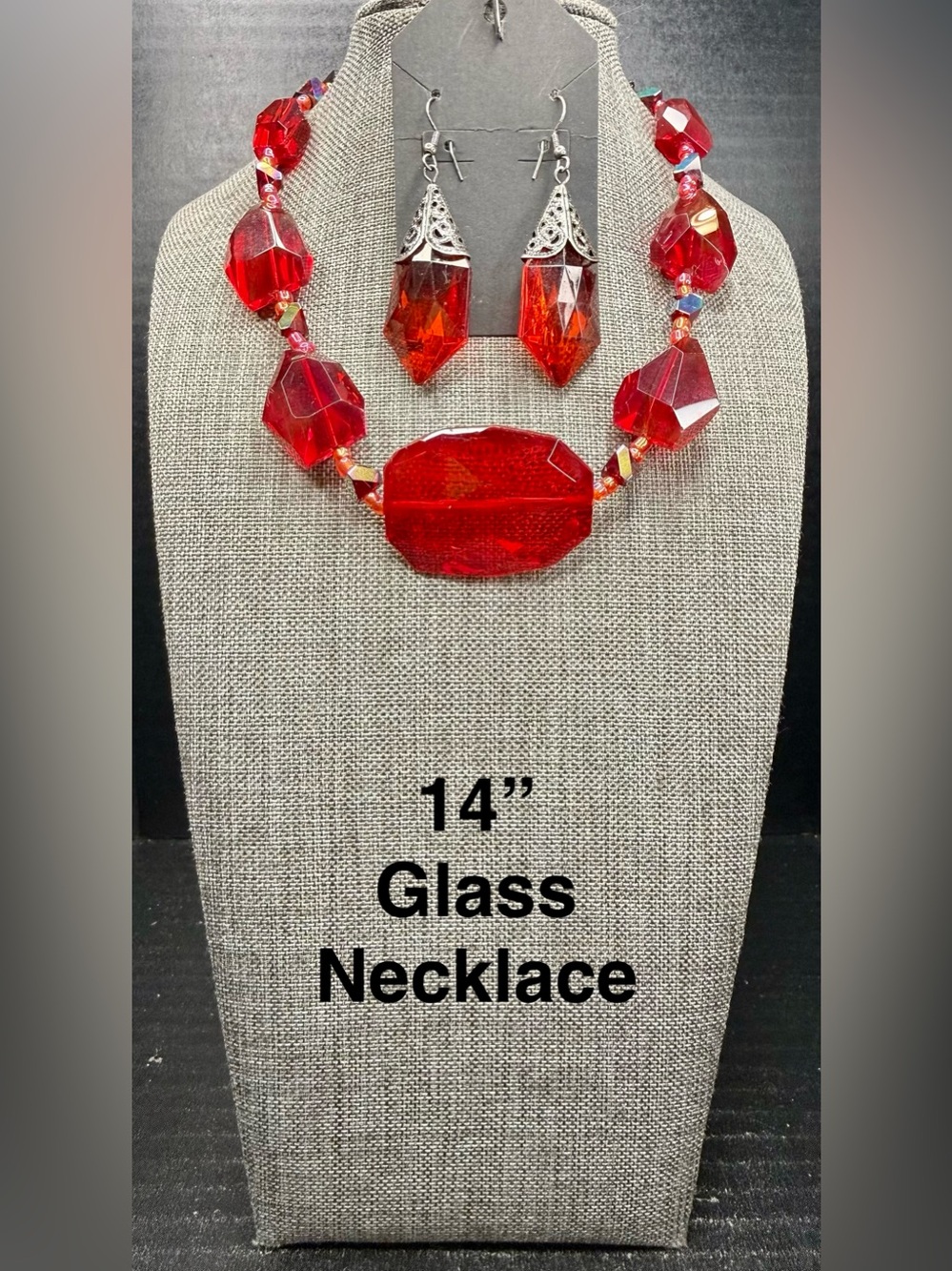 Red Glass Statement Necklace and Earrings Set
